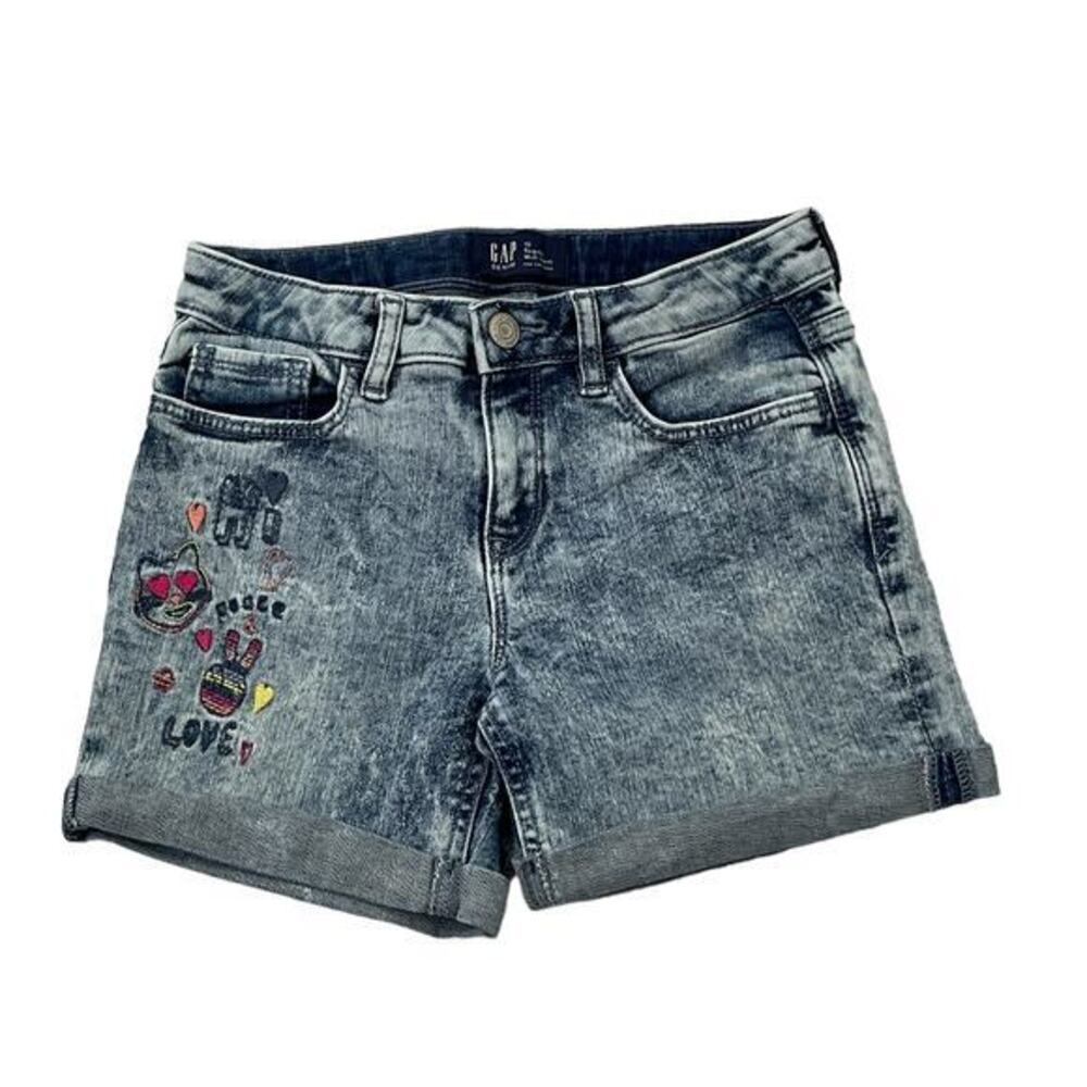 Gap Denim Jean Midi Shorts Love and Peace Embroidered Acid Wash Size 10